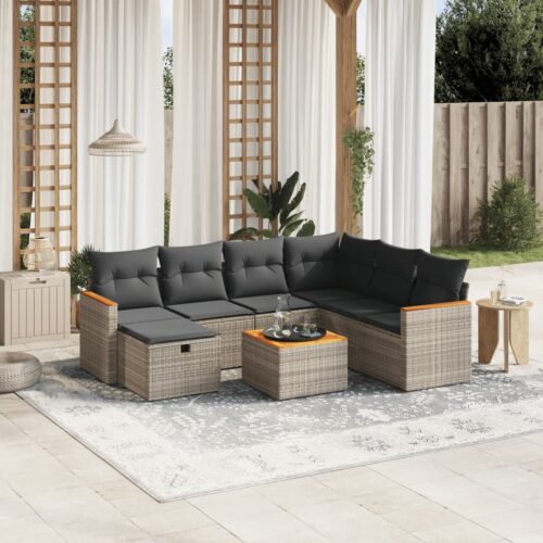 8-Piece Garden Sofa Set with Cushions Grey Poly Rattan Wicker Outdoor Patio Furniture - Image 2
