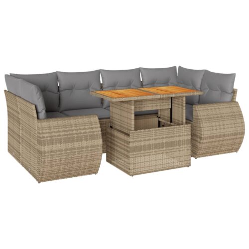 7-Piece Garden Sofa Set with Cushions Beige Poly Rattan Wicker Outdoor Patio Furniture