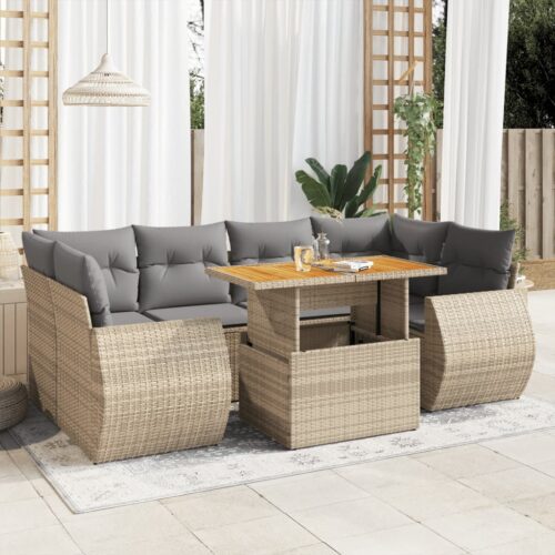 7-Piece Garden Sofa Set with Cushions Beige Poly Rattan Wicker Outdoor Patio Furniture - Image 2
