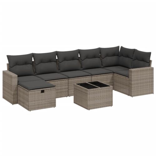 8-Piece Garden Sofa Set with Cushions Grey Poly Rattan Wicker Outdoor Patio Furniture
