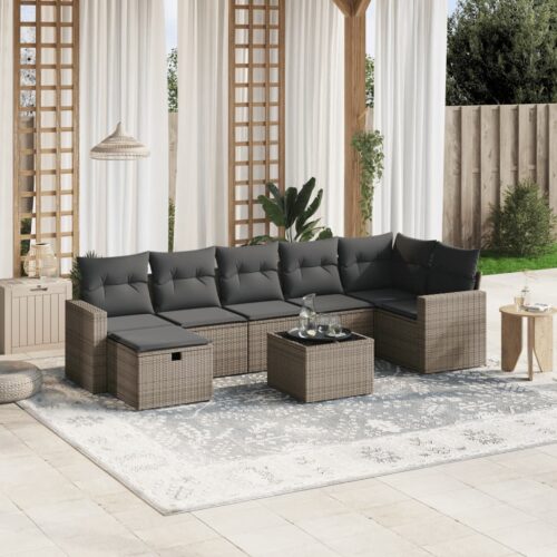 8-Piece Garden Sofa Set with Cushions Grey Poly Rattan Wicker Outdoor Patio Furniture - Image 2