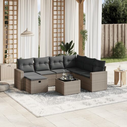 8-Piece Garden Sofa Set with Cushions Grey Poly Rattan Wicker Outdoor Patio Furniture - Image 2