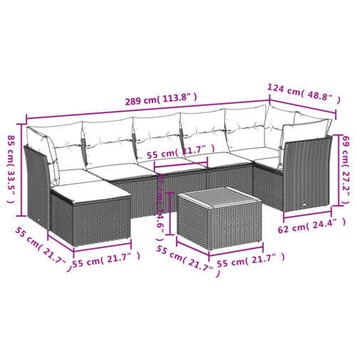 8-Piece Garden Sofa Set with Cushions Grey Poly Rattan Wicker Outdoor Patio Furniture - Image 3