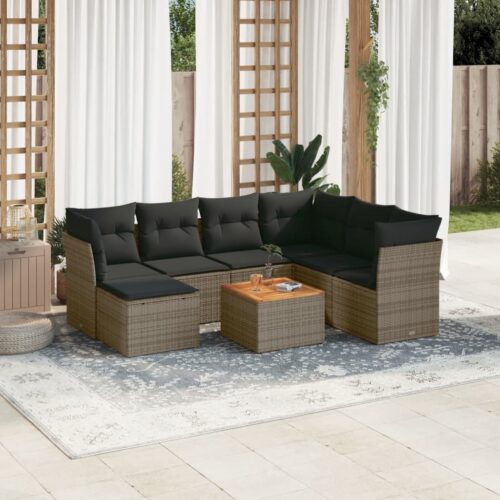 8-Piece Garden Sofa Set with Cushions Grey Poly Rattan Wicker Outdoor Patio Furniture - Image 2