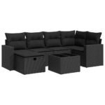 7-Piece Garden Sofa Set with Cushions Black Poly Rattan Wicker Outdoor Patio Furniture
