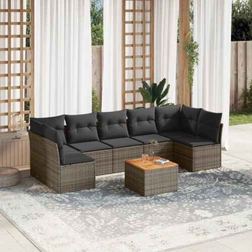 8-Piece Garden Sofa Set with Cushions Grey Poly Rattan Wicker Outdoor Patio Furniture - Image 2