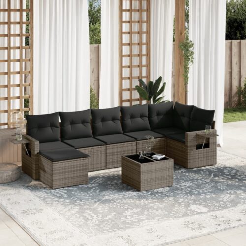 8-Piece Garden Sofa Set with Cushions Grey Poly Rattan Wicker Outdoor Patio Furniture - Image 2