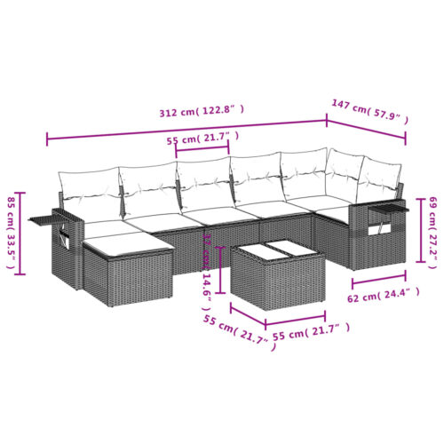 8-Piece Garden Sofa Set with Cushions Grey Poly Rattan Wicker Outdoor Patio Furniture - Image 9