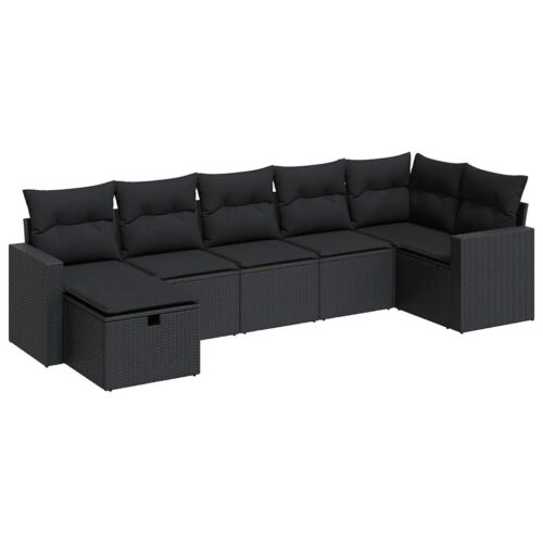7-Piece Garden Sofa Set with Cushions Black Poly Rattan Wicker Outdoor Patio Furniture
