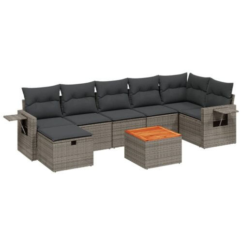 8-Piece Garden Sofa Set with Cushions Grey Poly Rattan Wicker Outdoor Patio Furniture