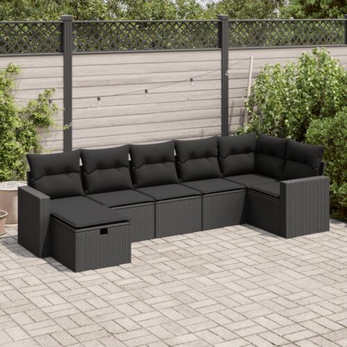 7-Piece Garden Sofa Set with Cushions Black Poly Rattan Wicker Outdoor Patio Furniture - Image 2