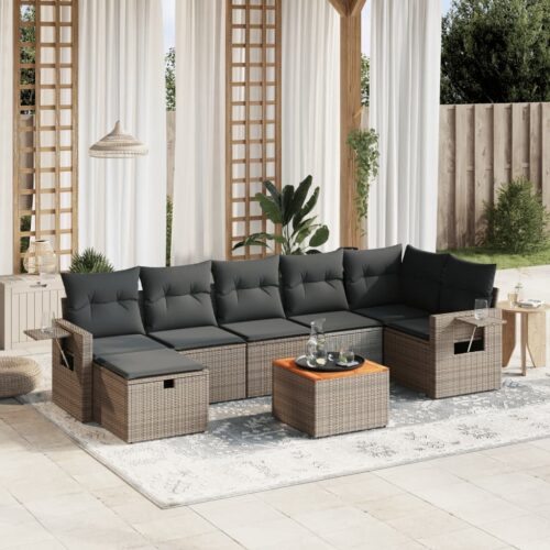 8-Piece Garden Sofa Set with Cushions Grey Poly Rattan Wicker Outdoor Patio Furniture - Image 2