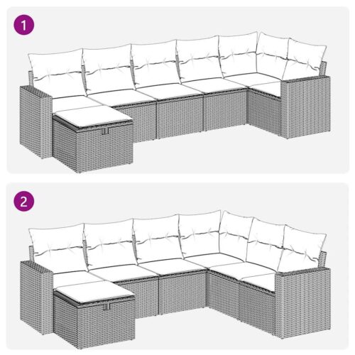 7-Piece Garden Sofa Set with Cushions Black Poly Rattan Wicker Outdoor Patio Furniture - Image 11