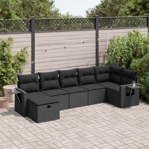 7-Piece Garden Sofa Set with Cushions Black Poly Rattan Wicker Outdoor Patio Furniture - Image 2