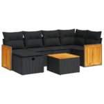 7-Piece Garden Sofa Set with Cushions Black Poly Rattan Wicker Outdoor Patio Furniture
