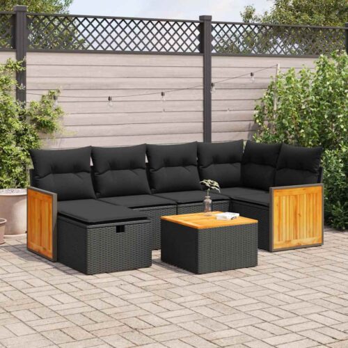 7-Piece Garden Sofa Set with Cushions Black Poly Rattan Wicker Outdoor Patio Furniture - Image 2