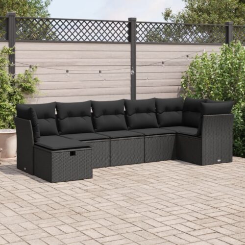 7-Piece Garden Sofa Set with Cushions Black Poly Rattan Wicker Outdoor Patio Furniture - Image 2