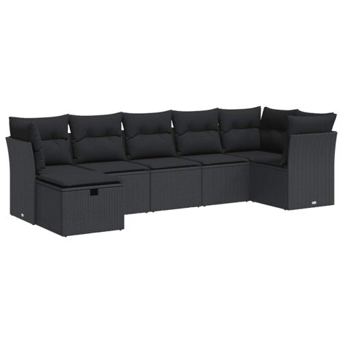 7-Piece Garden Sofa Set with Cushions Black Poly Rattan Wicker Outdoor Patio Furniture - Image 13