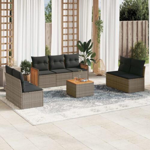 8-Piece Garden Sofa Set with Cushions Grey Poly Rattan Wicker Outdoor Patio Furniture - Image 2