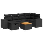 7-Piece Garden Sofa Set with Cushions Black Poly Rattan Wicker Outdoor Patio Furniture