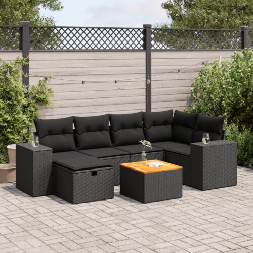 7-Piece Garden Sofa Set with Cushions Black Poly Rattan Wicker Outdoor Patio Furniture - Image 2