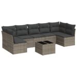 8-Piece Garden Sofa Set with Cushions Grey Poly Rattan Wicker Outdoor Patio Furniture
