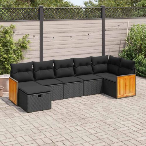 7-Piece Garden Sofa Set with Cushions Black Poly Rattan Wicker Outdoor Patio Furniture - Image 2