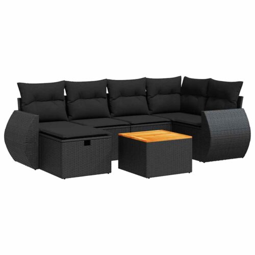 7-Piece Garden Sofa Set with Cushions Black Poly Rattan Wicker Outdoor Patio Furniture - Image 13