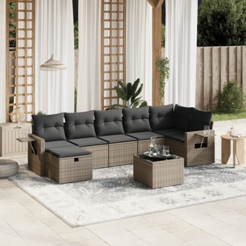 8-Piece Garden Sofa Set with Cushions Grey Poly Rattan Wicker Outdoor Patio Furniture - Image 2