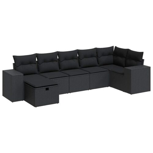 7-Piece Garden Sofa Set with Cushions Black Poly Rattan Wicker Outdoor Patio Furniture