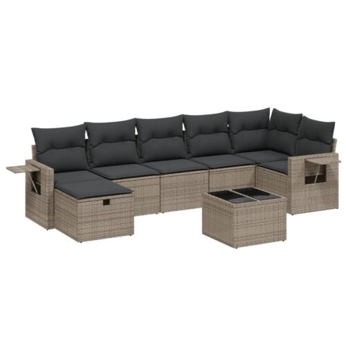 8-Piece Garden Sofa Set with Cushions Grey Poly Rattan Wicker Outdoor Patio Furniture - Image 6