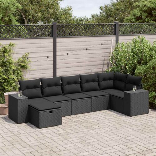 7-Piece Garden Sofa Set with Cushions Black Poly Rattan Wicker Outdoor Patio Furniture - Image 2