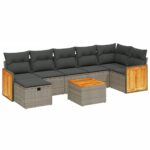 8-Piece Garden Sofa Set with Cushions Grey Poly Rattan Wicker Outdoor Patio Furniture