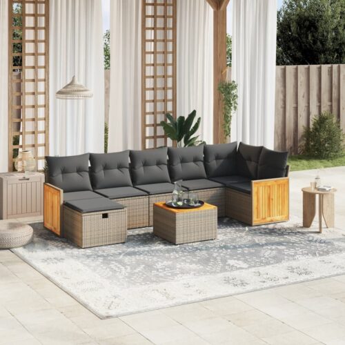 8-Piece Garden Sofa Set with Cushions Grey Poly Rattan Wicker Outdoor Patio Furniture - Image 2