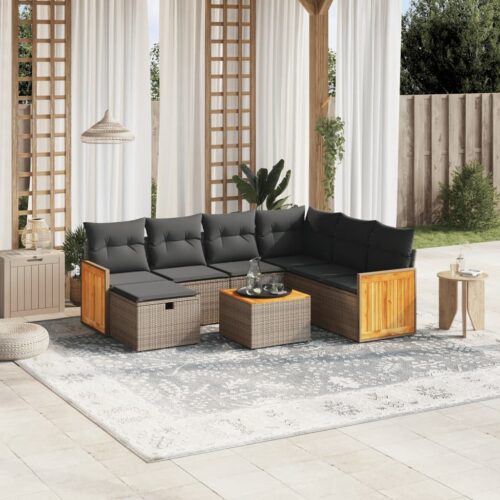 8-Piece Garden Sofa Set with Cushions Grey Poly Rattan Wicker Outdoor Patio Furniture - Image 2