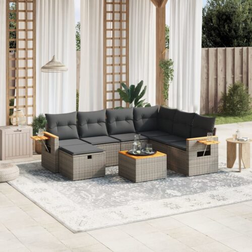 8-Piece Garden Sofa Set with Cushions Grey Poly Rattan Wicker Outdoor Patio Furniture - Image 2