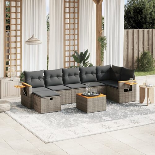 8-Piece Garden Sofa Set with Cushions Grey Poly Rattan Wicker Outdoor Patio Furniture - Image 2