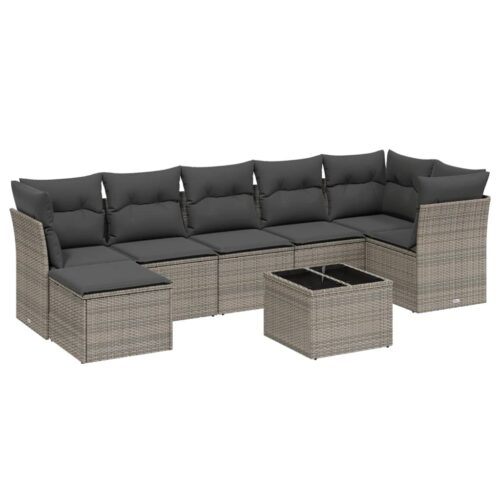 8-Piece Garden Sofa Set with Cushions Grey Poly Rattan Wicker Outdoor Patio Furniture