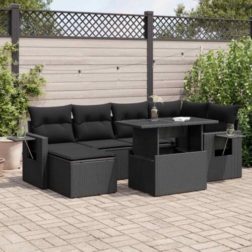 7-Piece Garden Sofa Set with Cushions Black Poly Rattan Wicker Outdoor Patio Furniture - Image 2