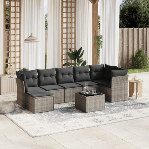 8-Piece Garden Sofa Set with Cushions Grey Poly Rattan Wicker Outdoor Patio Furniture - Image 2