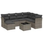 8-Piece Garden Sofa Set with Cushions Grey Poly Rattan Wicker Outdoor Patio Furniture