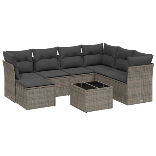 8-Piece Garden Sofa Set with Cushions Grey Poly Rattan Wicker Outdoor Patio Furniture