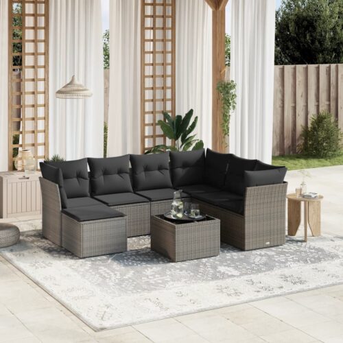 8-Piece Garden Sofa Set with Cushions Grey Poly Rattan Wicker Outdoor Patio Furniture - Image 2