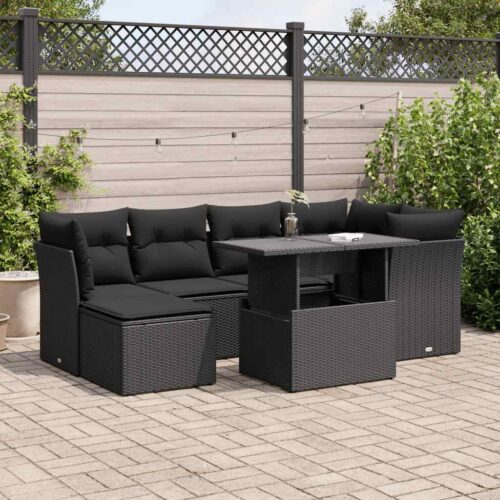 7-Piece Garden Sofa Set with Cushions Black Poly Rattan Wicker Outdoor Patio Furniture - Image 2