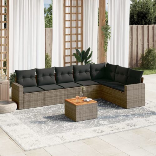 8-Piece Garden Sofa Set with Cushions Grey Poly Rattan Wicker Outdoor Patio Furniture - Image 2