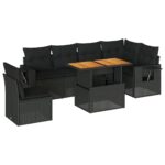 7-Piece Garden Sofa Set with Cushions Black Poly Rattan Wicker Outdoor Patio Furniture