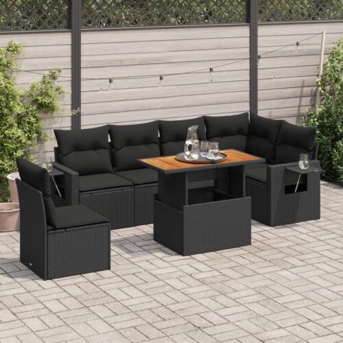 7-Piece Garden Sofa Set with Cushions Black Poly Rattan Wicker Outdoor Patio Furniture - Image 2