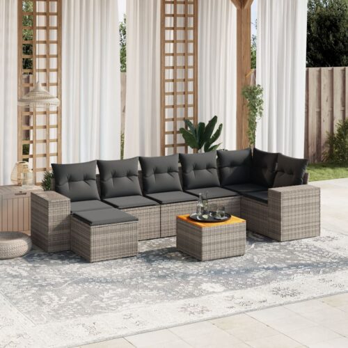 8-Piece Garden Sofa Set with Cushions Grey Poly Rattan Wicker Outdoor Patio Furniture - Image 2