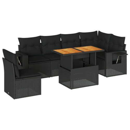 7-Piece Garden Sofa Set with Cushions Black Poly Rattan Wicker Outdoor Patio Furniture - Image 13