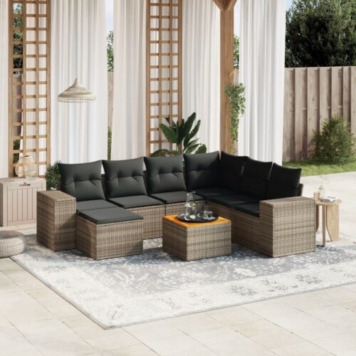 8-Piece Garden Sofa Set with Cushions Grey Poly Rattan Wicker Outdoor Patio Furniture - Image 2